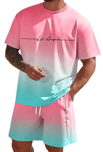 Survêtement pour homme - Avec imprimé - Ensemble 2 pièces - Tenue de sport - Confortable - Décontracté - 2 pièces - Short + t-shirt - Confortable - Pour les loisirs, Rose, XXL