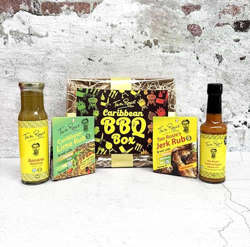 Tan Rosie Caribbean BBQ Gift Box Set, Gluten-Free Sauces and Spice Rubs Collection with Banana Ketchup, Jerk Rub, Lime Rub