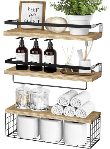 AZVFLY Holz Aufbewahrung Regal Satz: 3er-Set Rostfreies Schweberegal, 42 cm Modernes Deko-Wandregal Neue Modelle für 2025 Geeignet für Badezimmer, Wohnzimmer, Kinderzimmer Speicherplatz (Holzfarbe)