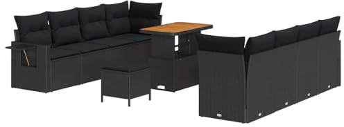 vidaXL 11-teiliges Gartensofa-Set mit Kissen aus schwarzem Poly-Rattan, Akazienmöbel für draußen, 8-Sitzer, modulares Patio, Bequeme Sitzgelegenheiten, Lounge-Arrangement, Sofa-Kollektion.