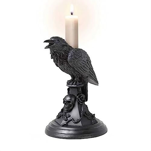 Gothic Raven Crow Perching On Black Rose and Skull Tombstone Candle Holder (B)