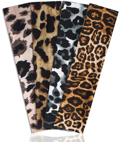 4 Pack Haarband Damen Sommer,Haarbänder Leopardenmuster,Stirnband,Elastisch Headband Unisex,Atmungsaktivität und Schweißabsonderung,Baumwolle Yoga,Laufen,Fitness