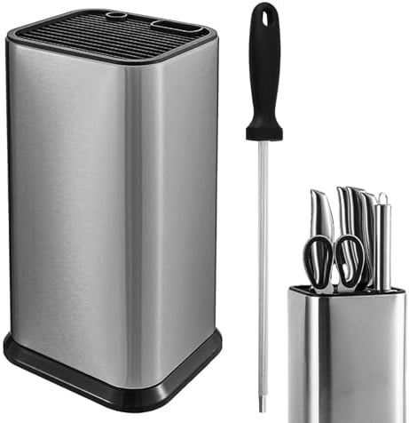 KATLKIU Portacoltelli da cucina in acciaio inox, con base antiscivolo + affilacoltelli in acciaio al carbonio, ceppo universale, per tutti i tipi di coltelli