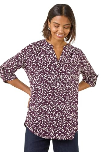 Roman Shirt for Women UK Ladies Top Collarless Blouse Stretchy Tunic Smart Casual Autumn Winter Jersey 3/4 Length Sleeve Notch V Neck Flattering Office Work - Black Charcoal White - Size 12