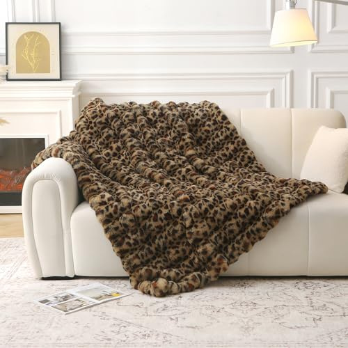 DREAMLANDING Kunstfelldecke aus Kunstkaninchenfell Luxus Plüsch Sherpa Überwurfdecke Umkehrbar Flauschig Warm Kuschelig Flauschige Felldecke für Bett Sofa Couch Heimdekoration (Leopard, 130 x 150 cm)