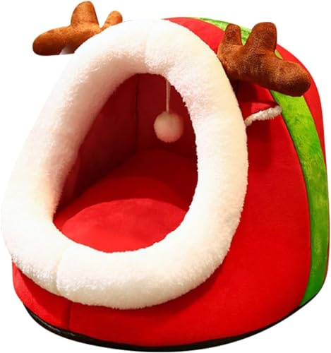 Weihnachts-Katzenbett,Halbgeschlossenes Katzenhöhlen-Bett,Kätzchen-Zelt-Haus mit Hängendem Ball,Rentier-förmiges Haustier-Zelt,Welpen-Versteck-Schlafbett,Weiche Haustier-Höhle (Farbe-2, Einheitsgröße)