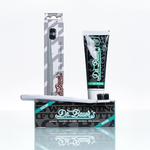 Dr. Bauer's Black Mint Zahnpasta 75 ml und Hero Love Whitening Zahnbürste | Zahnpasta mit Aktivkohle, Hydroxyapatit und Papain, ohne Fluorid, dazu die Hero Love Handzahnbürste