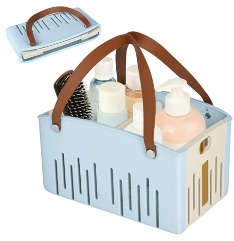 YYTECH Shower Caddy Portable Collapsible Plastic Shower Basket Tote with Handles Removable Divider Bath Caddy for College Dorm Bathroom Gym Cleaning Travel Camping (Blue)