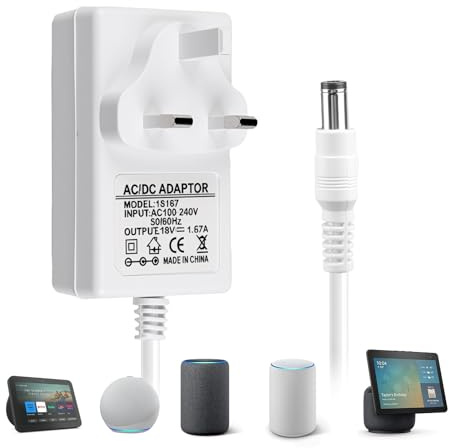 30W Power Adapter for Echo Show (8/10/15) Echo(3./4. Gen) Echo Show (2. Gen.) Echo Plus (2. Gen) 18V 1.67A Charger Power Adapter Cable with UK Plug Wire 2M power cable Compatible with Alexa (White)