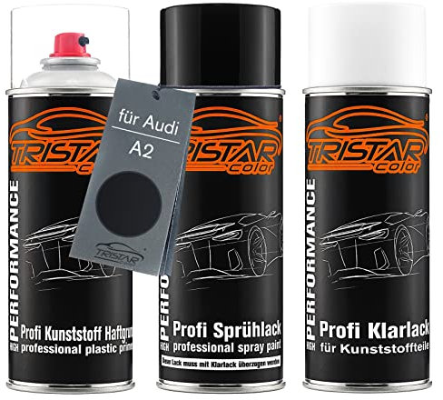 TRISTARcolor Autolack Spraydosen Set für Kunststoff Stoßstange für Audi A2 Schwarz Haftgrund Basislack Klarlack mit Weichmacher Sprühdose