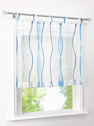 Voile Raffrollo mit Wellen Druck Design Rollos Schlaufen Transparent Vorhang (BxH 100x140cm, Blau)