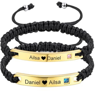 MeMeDIY Personalisiertes Armband Passende Armbänder für Paare Eingravierter Name Text Datum Verstellbares Handgefertigtes Geflochtenes Seil Armband Individuelles Edelstahl Schild (A4)