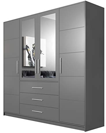Drehtürenschrank Bado 4D, Kleiderschrank mit Spiegel, Schubladen und Spiegeltüren, Elegantes Schlafzimmer Schrank, Jugendzimmer (Graphit)