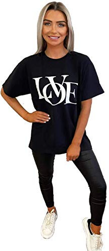 Women's Love Slogan Short Sleeve Oversized Printed Casual Summer Loose Fit Baggy Fashion Ladies T-Shirt Tee Plus Size Tops UK 8-24 (Black, 20, Numeric_20)