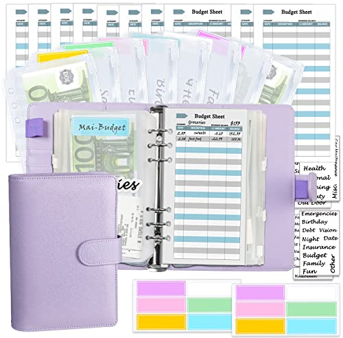 A6 Geld organizer Budget Binder Budgetplaner-Kit, mit Geldumschlägen, Budgetminen, umschlagmethode sparen, passenden Aufklebern und Etikett, 7,4x5,71 (Harphia, NPNB-140F-A6-Purple)