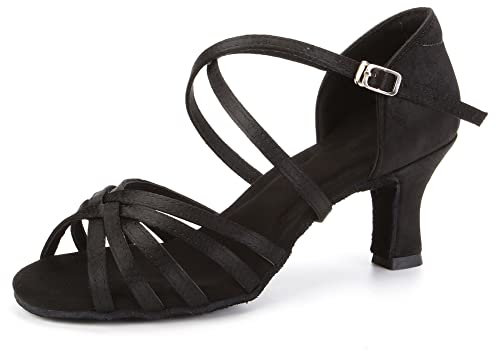JUODVMP Women's Latin Dance Shoes Salsa Tango Social Party Ballroom Wide Fitting Dance Practice Shoes Black 3inch Heel Model LP802QB, 6.5UK