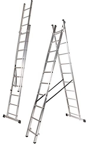 VITO 2-teilige Alu-Kombileiter 2,81 m, Anlegeleiter 5,03 m, Vielzweckleiter, Schiebeleiter 2x10 rutschfeste Sprossen belastbar bis 150 kg, Aluleiter VIEDQ3 Made in Europe, Leiter EN131 rostfrei