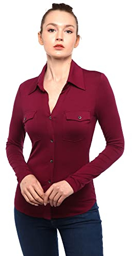 AmélieBoutik Damenbluse mit Kragen, Knopfleiste, kurz/langärmelig, Dunkles Magenta , Klein