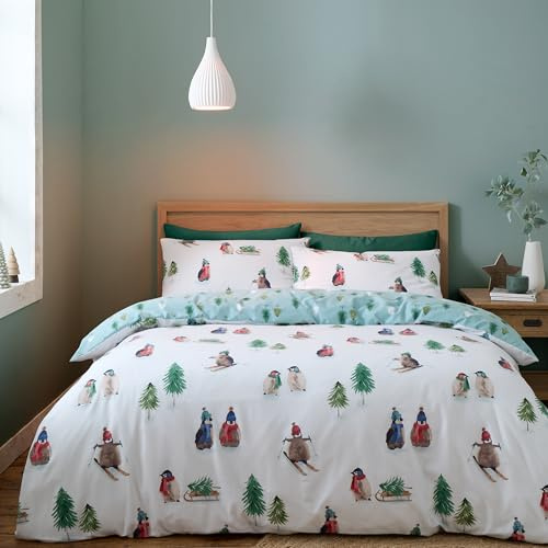 Catherine Lansfield Brushed Snowy Penguin Reversible Double Duvet Cover Set with Pillowcases White