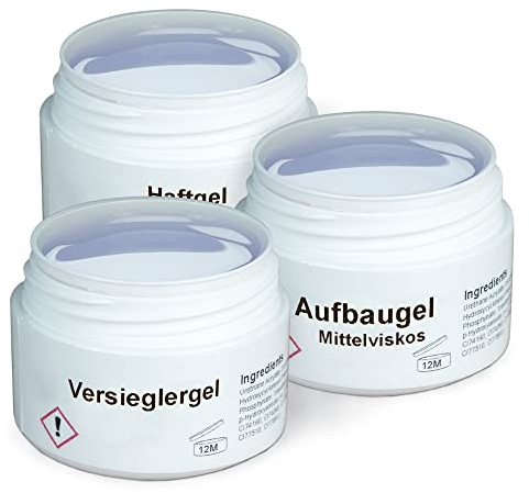 GS-Nails UV Gel-Set - 3X 15ml Nagel-Gel für Nail-Art & Nagel-Design - Haft-Gel, mittelviskoses Aufbau-Gel, Versiegelungs-Gel - 45ml