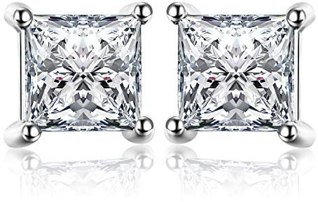 JewelryPalace Pendientes Mujer Plata Moissanita, Corte Princesa, Solitario Pendientes de Tuerca Piedra, Pendientes Pequeños Mujer Diamante Simulado, Pendientes Niña Clásicos Conjunto Joyas Novia