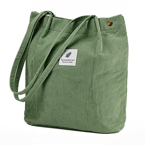 Corduroy Tote Bag Cute Tote Bags for Women Shoulder Bag with Inner Pocket for Work Beach Travel and Shopping Grocery (Matcha Green)