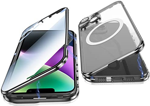 Jonwelsy Case for iPhone 14, 360 Degree Double-sided Protection Compatible with Magsafe Magnetic Adsorption Metal Bumper Front Tempered Glass Back Frosted PC Cover for iPhone 14 6.1 (Black)
