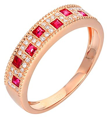 Mesnt Anello di fidanzamento da donna, in vero oro rosa 750, con rubino rosso e diamante da 0,37 carati (regolare la misura dell'anello)