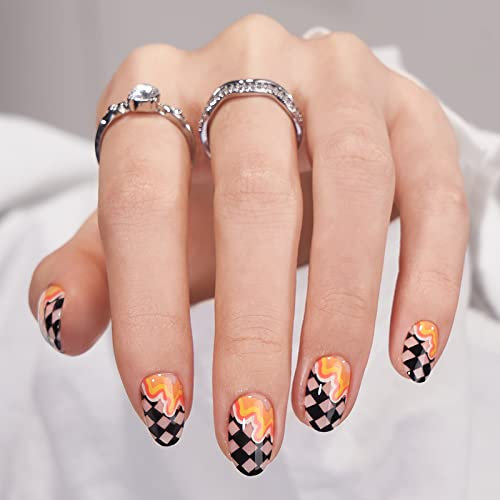 BTArtbox Press on Nails Short - Oval False Nails with Glue, Fit Perfectly & Natural for Reusable Fake Nails in 15 Sizes Soft Gel Stick on Nails Kit for Women, Waves Chess