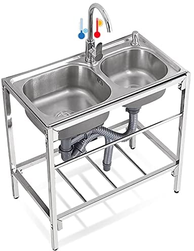 Fregadero acero inox con Patas Acero Independientes Fregadero Multiusos con Mesa de Trabajo y Grifo Mezclador Frío Calor para Interior y Exterior,80cm
