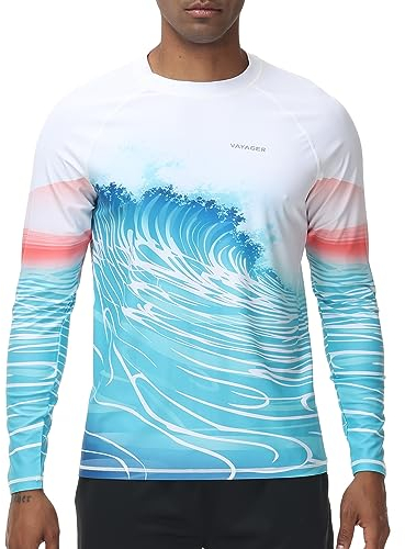 VAYAGER Herren Schwimmshirts UPF 50+ Rashguard Langarm Schnelltrocknendes T-Shirt Locker sitzendes Wasser Angeln UV-Schutzshirts(Weiß Blau L)