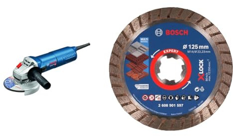 Bosch Professional Winkelschleifer GWS 11-125 (125 mm) + 1x Expert MultiMaterial X-Lock Diamanttrennscheibe (Beton, Ziegelsteine, Weichgestein, Dachziegeln, Ø125x22,23 mm, Zubehör)