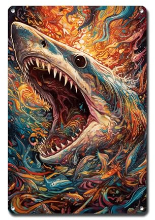 Lygond Metallschild Blechschild Vintage Wandkunst Hai Psychedelische Kunst Metallschild für Garten 20,3 x 30,5 cm