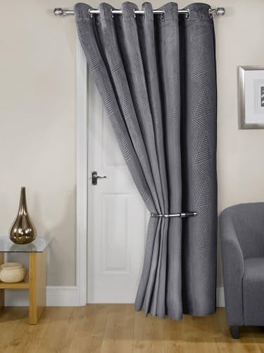 Emma Barclay Midnight - Embossed Velvet Woven Thermal Eyelet Door Curtain (Charcoal, Width 66 x 84Drop (168x213cm))