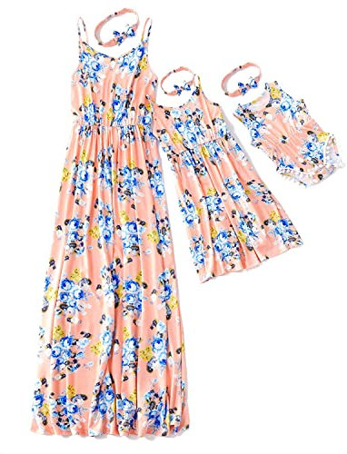 IFFEI Mutter und Tochter Kleider Sommer Maxi Langes Kleid Blumen Familie Passende Outfits Rosa Medium
