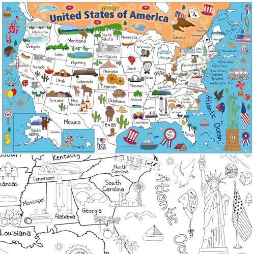 Malpapier USA Landkarte Malen Papier-Tischdecke zum Ausmalen Kinder Ausmaltischdecke Amerika Bundesstaaten Amerikanische Karte Wandkarte Papiertischdecke zum Bemalen für 4. Juli Tag Unabhängigkeitstag