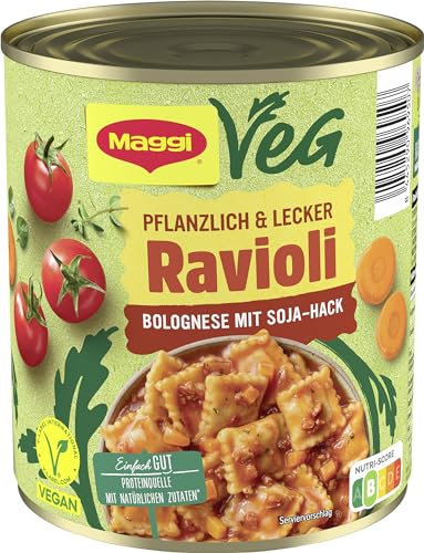 MAGGI Veg Ravioli Bolognese mit Soja-Hack: Teigtaschen in pflanzlicher Bolognese, ohne Fleisch (vegan), leckeres Camping Essen, 1er Pack (1 x 800g)
