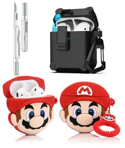 LEWOTE 3 in 1 Kompatibel mit Apple Airpods (2nd/1st Generation) Schützende Lustige Nette Fall Abdeckung mit Reiniger Kit Schlüsselanhänger (Mario)