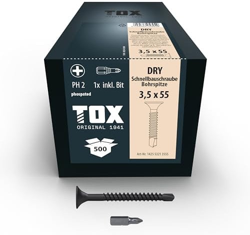 TOX Schnellbauschrauben DRY BS 3,5 x 55 mm, Schrauben schwarz phosphatiert mit Feingewinde + Bohrspitze, Gipskartonplatte auf Metall-Unterkonstruktion, PH2, 500 Stück, inkl. 1x Bit, 142553213555