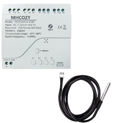 MHCOZY Zigbee Contrôleur de contrôle de température, 4 canaux 12 V application Tuya Interrupteur à distance avec capteur de température étanche (hub Tuya Zigbee nécessaire)