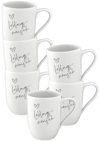 Villeroy & Boch - Statement, Becher mit Henkel 6er Set, Lieblingsmensch, 280 ml, Kaffeebecher mit Sprüchen, Premium Porzellan, Weiß-Schwarz