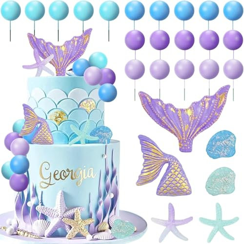 Meerjungfrau Kuchen Topper 26Pcs unter dem Meer Kuchen Dekorationen Muschel Kuchen Topper Meerjungfrau Schwanz Kuchen Dekoration Meerjungfrau Geburtstag Kuchen Topper für Meerjungfrau Thema Party Zube