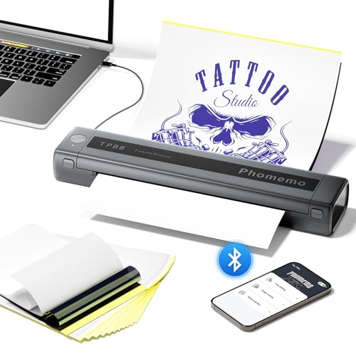 Phomemo TP88 Stencil Tattoo Drucker, Tattoo Drucker Bluetooth,Portable Printer mit10pcsTransferpapier,Professioneller Tattoo Thermodrucker Kompatibel mit Smartphone und PC