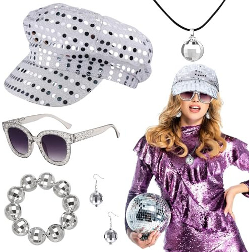 Bodorma 5 Pcs Disco Kostüm Set, 70er Jahre Retro Glitter Zubehör Kit mit Abba Hut, Sonnenbrille, Ohrringe, Halskette, Armband für Frauen Party Geburtstagstanz Abba Nacht