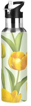 Botellas de agua de acero inoxidable con pajita, tulipán amarillo, botellas de agua a prueba de fugas con pajita