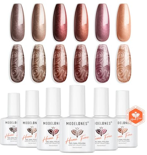 Modelones UV Nagellack Braun Violett Glitzer 6 Farben Orange Gold Hema-free Gel Nagellack UV Lack Gellack Set Gelnägel für Soak Off Gel Nail Polish French Manicure Nail Art Nageldesign