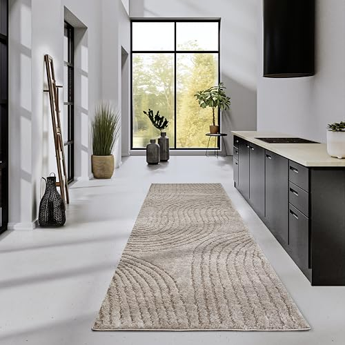 Elle Decoration Hochflor Teppich Pigment – Moderner Wohnzimmerteppich Läufer, Langflor Shaggy, Modernes Muster, Flauschig Weich Boho für Wohnzimmer, Schlafzimmer – Beige, 80x240cm