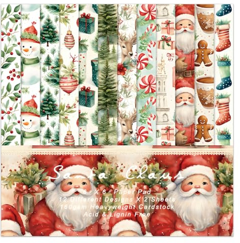Blocco di carta per album di Natale, 15,2 x 15,2 cm, 24 fogli di Babbo Natale, pupazzo di neve, design decorativo, découpage, biglietti pieghevoli, fai da te, agenda, diari, album fotografico