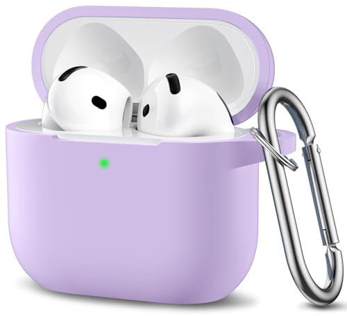 Ouwegaga Compatible for AirPods 4th Generation Case 2024- Full Body Protective Case, Shock-Resistant Silicone Case Cover Compatible with Apple AirPod 4 Case, Front LED Visible, With Carabiner,Lavender