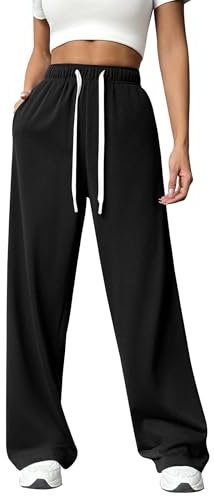 PINSPARK Pantaloni da Jogging a Gamba Larga da Donna Pantaloni da Jogging Larghi a Vita Alta Pantaloni Sportivi Casual con Coulisse e Tasche